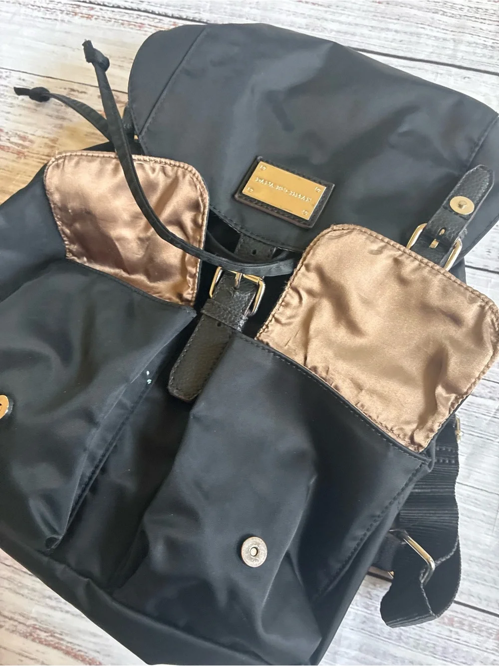 Dana Buchman Black Nylon Backpack with Front Buckle Pockets